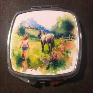 Sublimation printed compact mirror,a girl and her horse. Very cute gifts